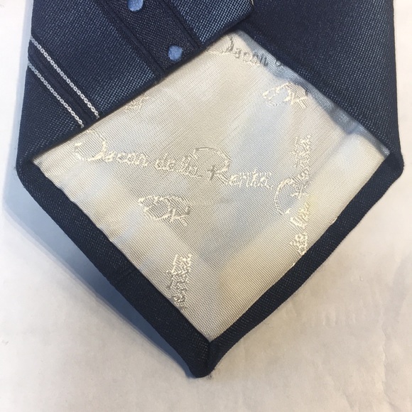 Oscar de la Renta Vintage blue polkadot diagonal striped blue white and gold tie - Picture 5 of 10